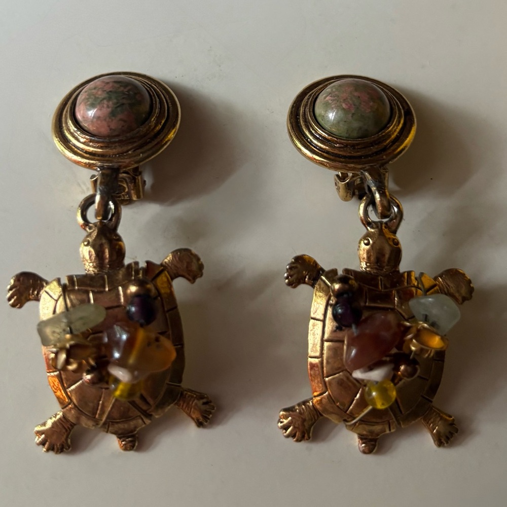 Vintage Robert Rose Turtle Earrings with Multicolor Accents